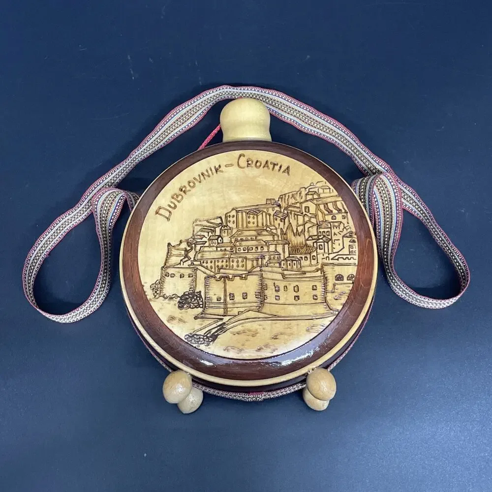 Vtg Wood Flask Canteen Handcrafted Folk Art Carved Pyrography Dubrovnik Croatia